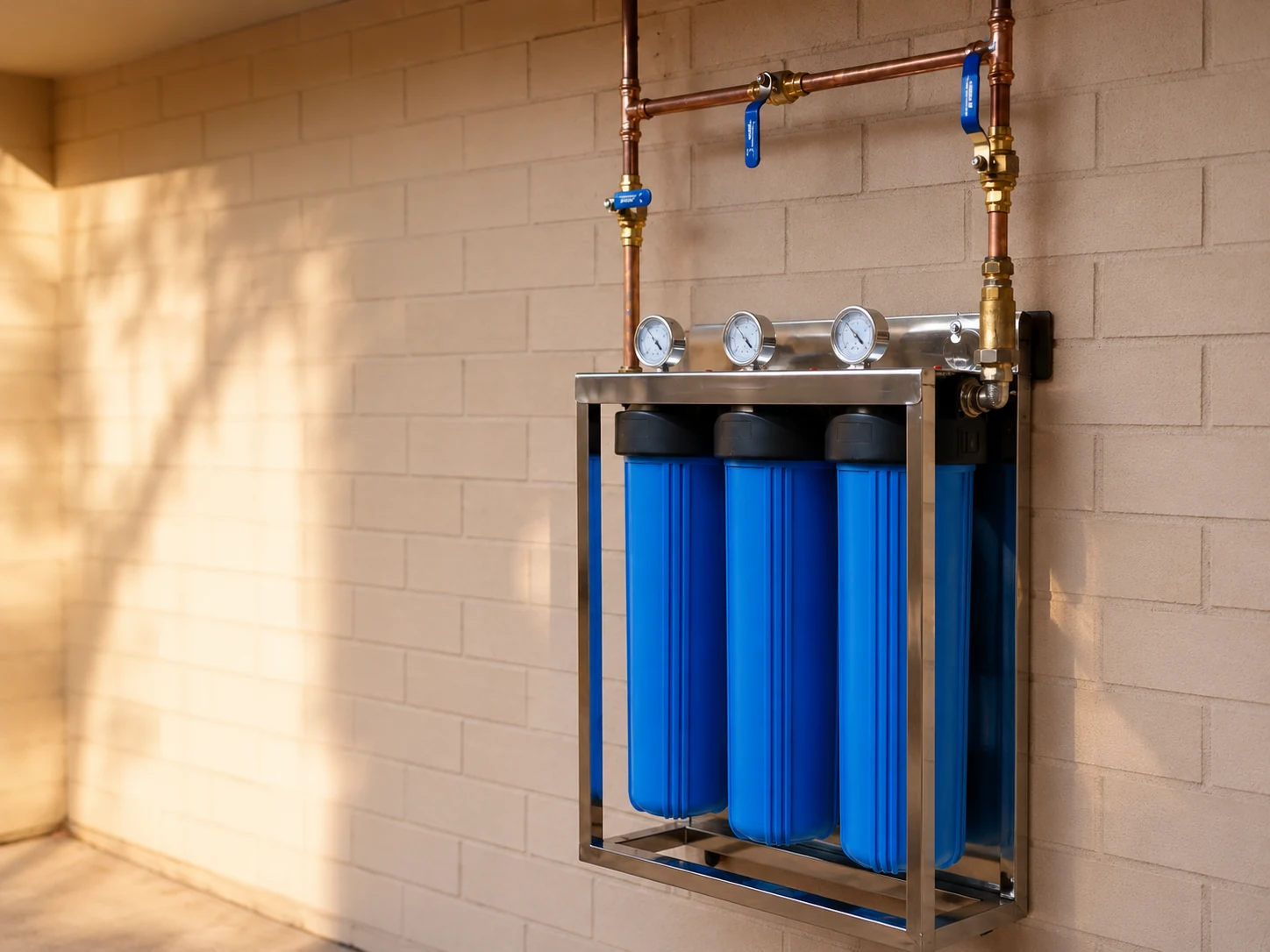 Installed Cleanpanion whole-home filtration system with blue housings, gauges, and copper piping