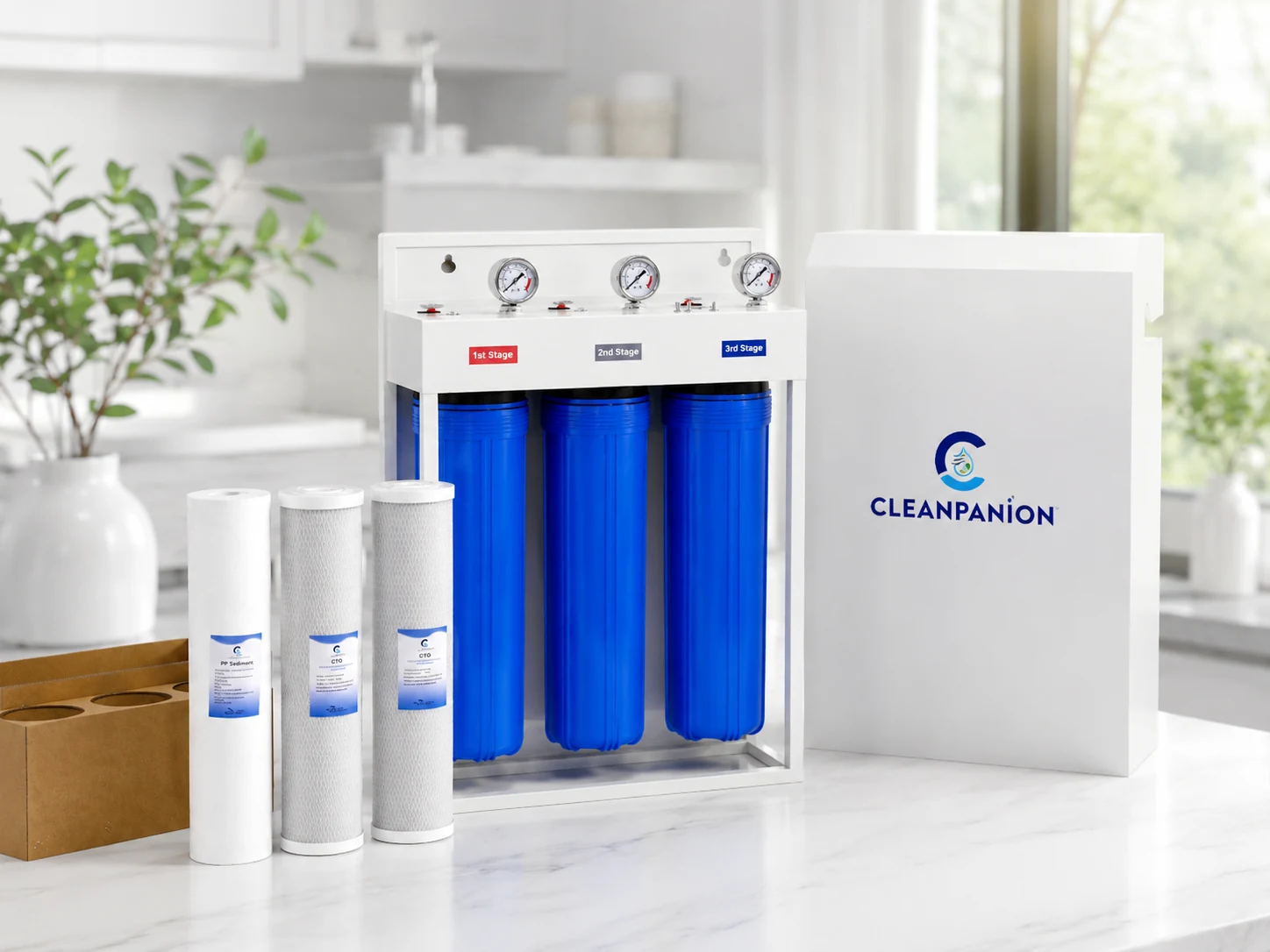 Cleanpanion filtration unit, cover, and replacement cartridges displayed in a clean home setting