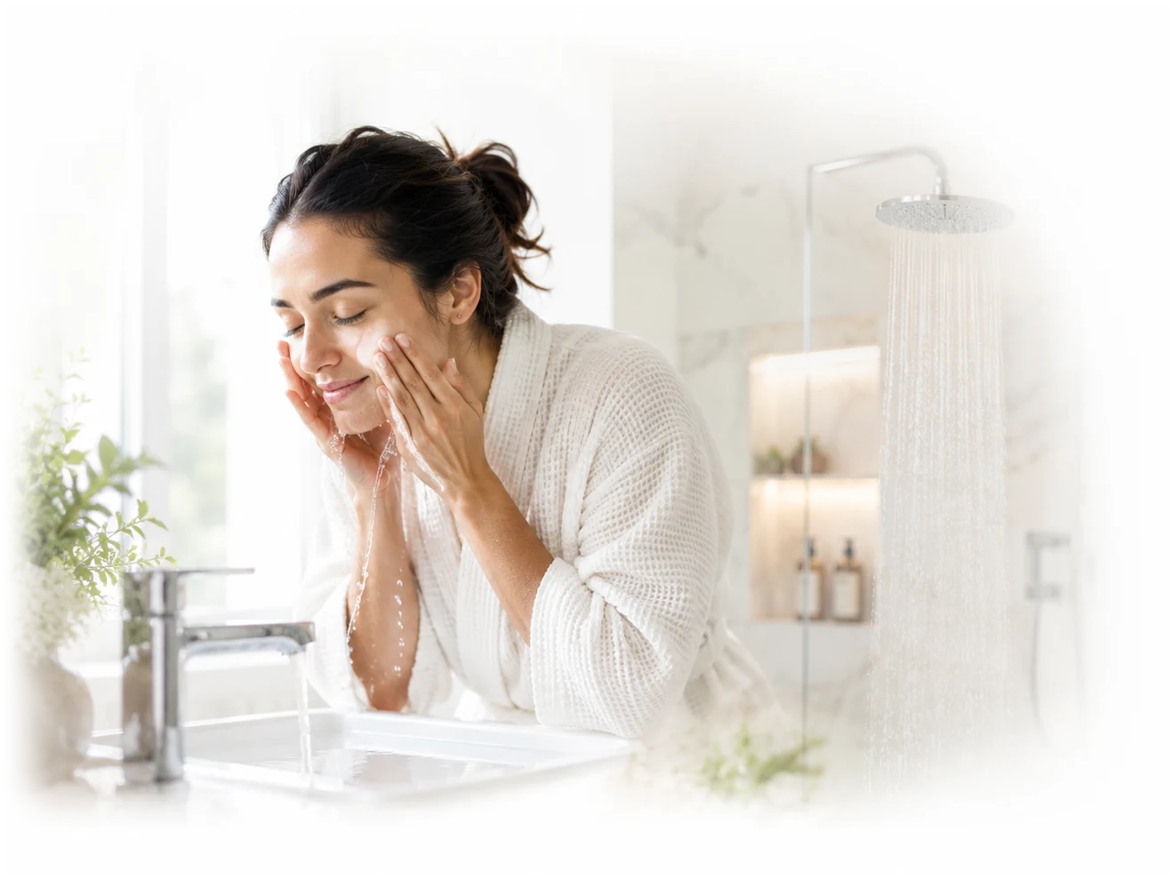 Woman enjoying a gentle clean-water skincare routine in a bright bathroom