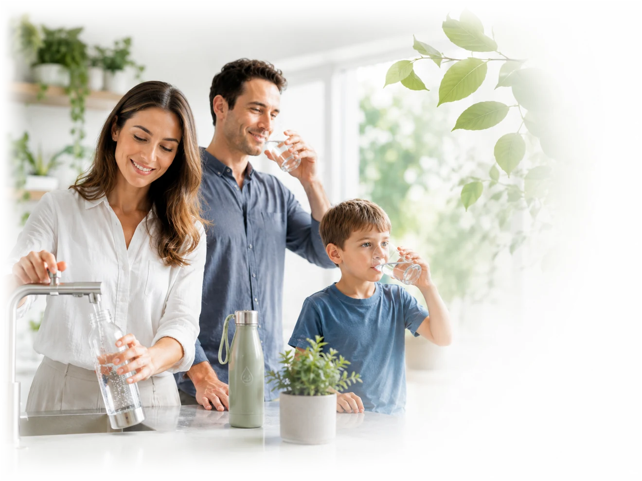 Family using filtered tap water and reusable bottles in a bright eco-friendly kitchen