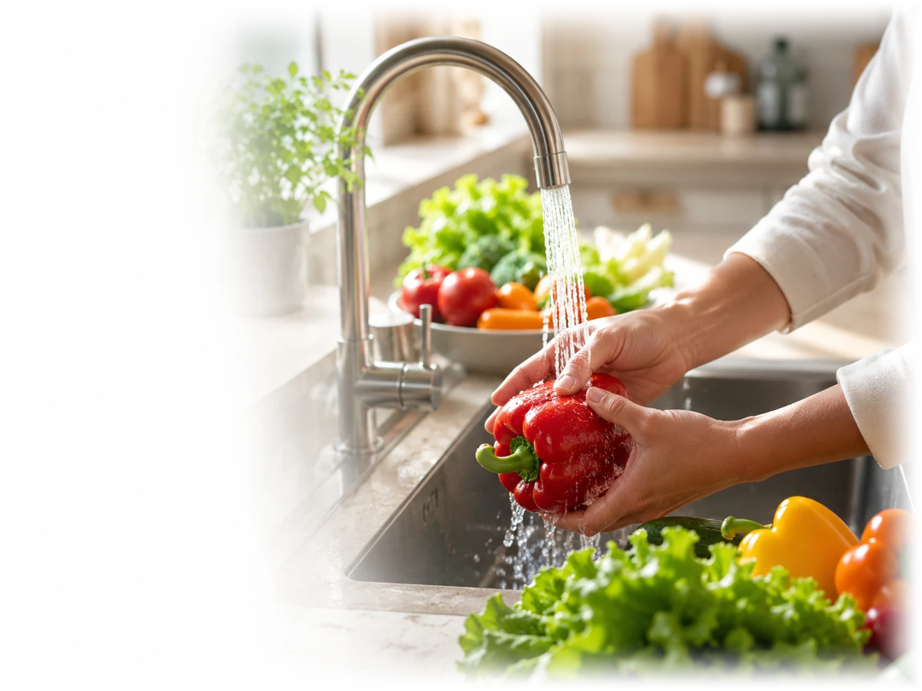 Fresh produce being rinsed with clean filtered water in a modern kitchen