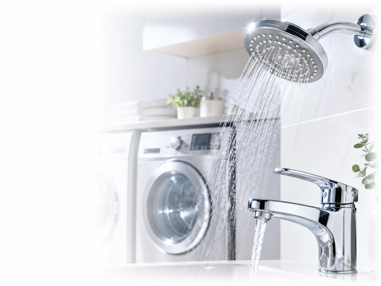 Clean chrome shower head and faucet with flowing water in a modern home