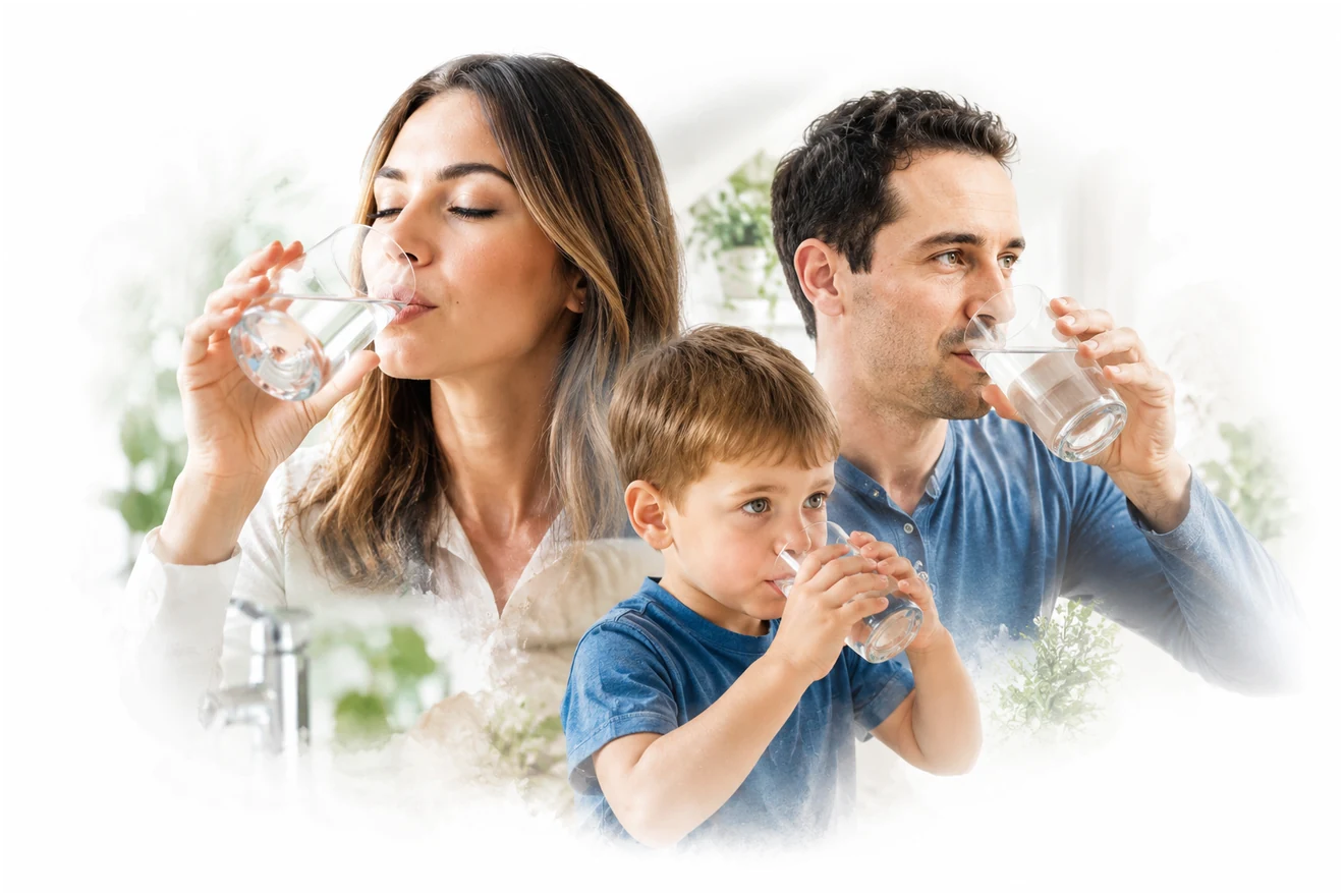 Family enjoying clean filtered drinking water at home