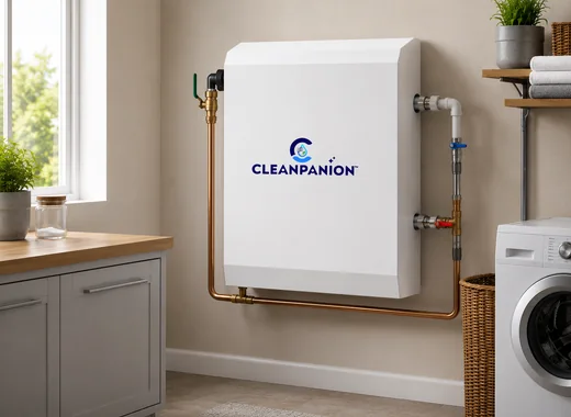 Cleanpanion 3-stage whole-house filtration system installed in a home utility area